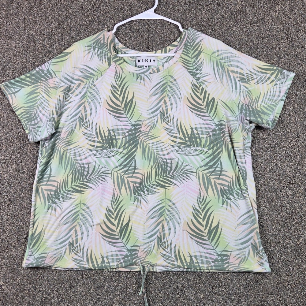 Kikit Short Sleeve Top Womens Size M Green Tropical Palm Leaf Drawstring Hem